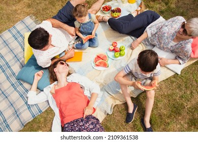 Overhead View Multi-generation Family Enjoying Summer Picnic