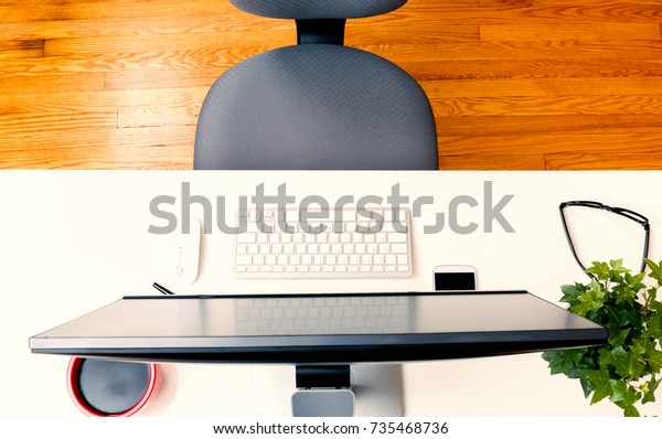 Overhead View Office Desk Computer Stock Photo Edit Now 735468736