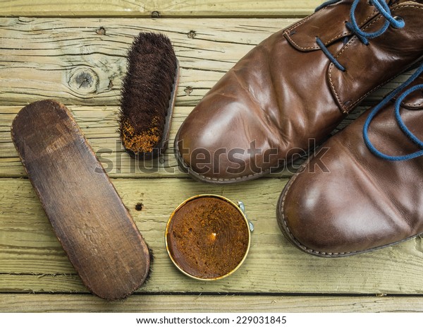 Overhead View Old Brown Leather Shoes 