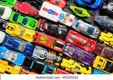 Overhead view on colorful car toys