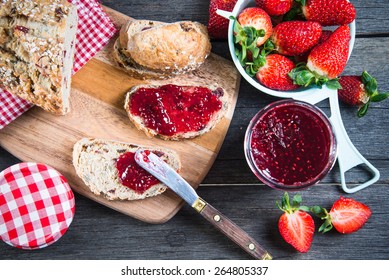 Overhead View On Healthy Breakfast With Strawberry Jam