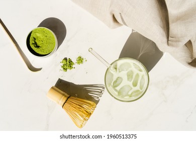 Overhead View Of Organic Matcha Tea. Iced Summer Antioxidant Drink