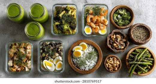 Overhead view of organized meal prep containers filled with healthy food options, alongside refreshing green smoothies.