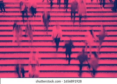 Overhead View Of People Walking Up The Stairs In Central Park, New York City With Pink And Blue Duotone Color Effect