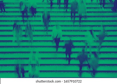 Overhead View Of People Walking Up The Stairs In Central Park, New York City With Green Blue Duotone Color Effect