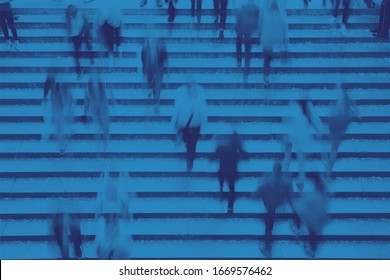 Overhead View Of People Walking Up The Stairs In Central Park, New York City With Blue Color Overlay Effect