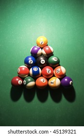 Overhead View Of Racked Pool Balls On Pool Table. Vertical Shot.