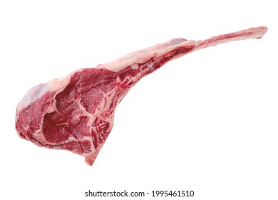 Overhead View Of Raw Beef Cowboy Steak, Bone In Rib Steak Isolated On White Background