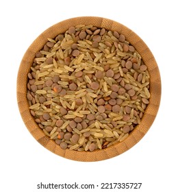 Overhead View Of Rice And Lentils Dry Food Mix In A Wood Bowl On A White Background.