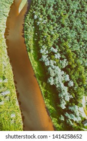 Overhead View Of River Crossing Beautiful Forest.