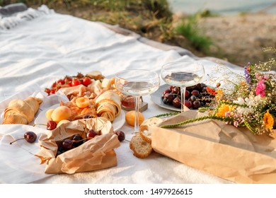 Overhead View Of Romantic Lunch On The Beach. Outdoor Picnic Ideas