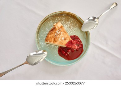Overhead view of a serving of cheesecake with raspberry jam on a green plate with two steel spoons resting ready to share on a white tablecloth of a restaurant table