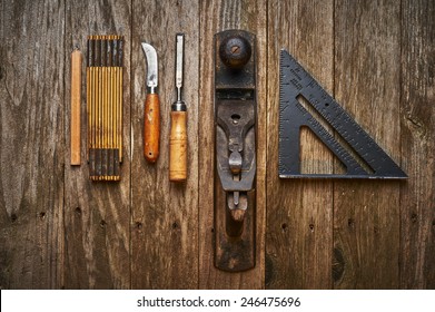 overhead view of a set of old wood working tools
