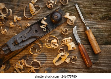 Overhead View Of A Set Of Old Wood Working Tools