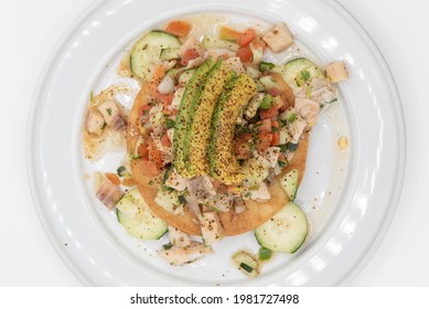 Overhead View Of Shrimp And Fish Ceviche Piled High And Stacked With Delicious Seafood For That Hearty Appetite.