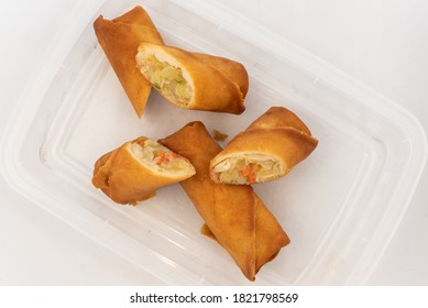 Overhead View Of Side Dish Of Egg Rolls Sliced  Shows The Deep Fried Roll Stuff With Goodness.