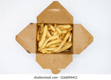 Overhead View Of A Simple Cardboard Takeout Container With French Fries