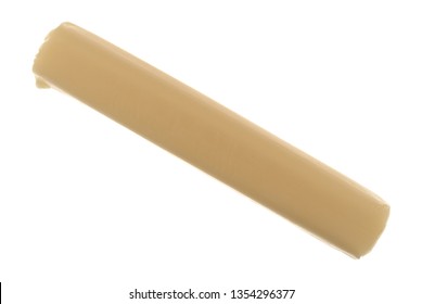 Overhead View Of A Single Mozzarella Snack String Cheese Stick Isolated On A White Background.