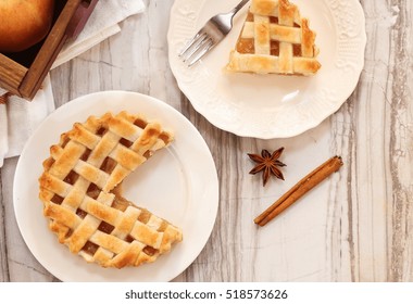 Overhead View Of Sliced  Apple Tart  Pie /Thanksgiving Dessert Top Down View