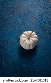 Overhead View Of Small White Pumpkin On Dark Blue Surface Autumn Concept