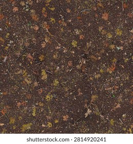 An overhead view of sparse, colorful fallen autumn leaves scattered over dark brown forest soil and twigs.