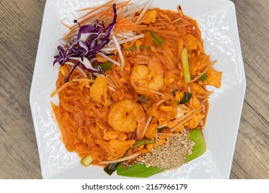 Overhead View Of Spicy Pad Thai Shrimp For A Very Hearty Appetite On A Plate And Ready To Eat.