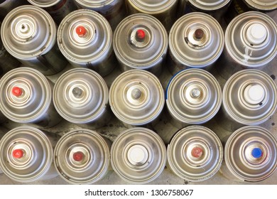 Overhead View Of Spray Paint Cans In Lines