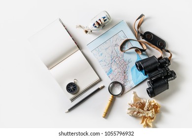 Overhead View Of Stationery, Travel Accessories And Vacation Items. Flat Lay.