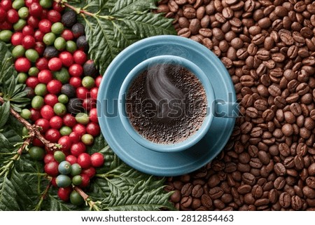 Overhead view of a steaming cup of coffee on a saucer, nestled between vibrant red coffee cherries on a branch and a pile of roasted coffee beans.