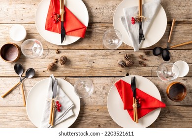 Overhead View Of Thanksgiving Table Setting With Autumn Decoration On Wooden Background. Thanksgiving, Autumn, Fall, American Tradition And Celebration Concept.