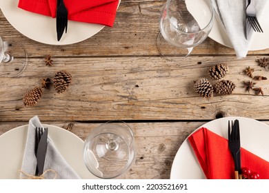 Overhead View Of Thanksgiving Table Setting With Autumn Decoration On Wooden Background. Thanksgiving, Autumn, Fall, American Tradition And Celebration Concept.