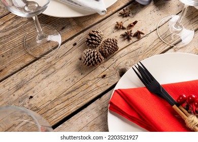 Overhead View Of Thanksgiving Table Setting With Autumn Decoration On Wooden Background. Thanksgiving, Autumn, Fall, American Tradition And Celebration Concept.