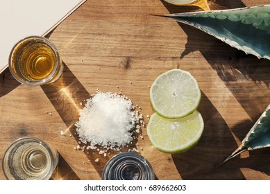 Overhead View Of Three Kinds Of Tequila On An Outside Table With Lime Salt And Agave Leaves.