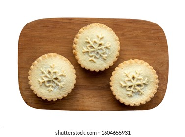 Overhead View Of Three Mince Pies Isolated On A White Background