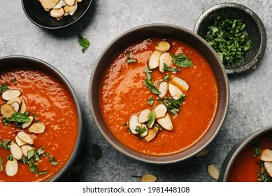 Overhead View Of A Tomato And Red Pepper Soup Recipe