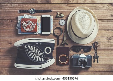 Overhead View Of Traveler's Accessories, Flat Lay Photography Of Travel Concept