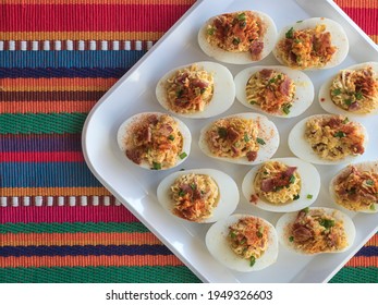 Overhead View Of A Tray Of Deviled Eggs Sprinkled With Paprika