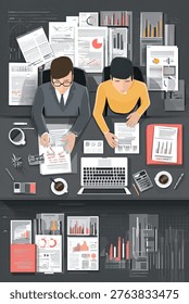 Overhead view of two professionals working at a desk covered in paperwork, a laptop, and office supplies, analyzing data and charts.