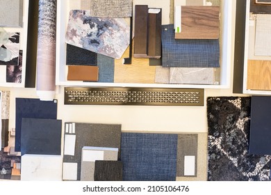 Overhead View Of Various Patterned Fabric Swatches On Table In Office. Unaltered, Business And Creative Office.