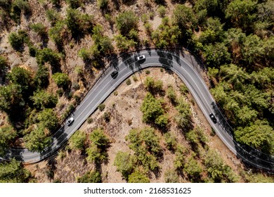 An Overhead View Of A Winding Road Through A Pine Forest