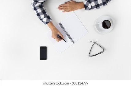 Overhead View Of Woman Working Office Desktop