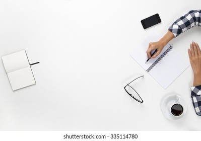 Overhead View Of Woman Working Office Desktop