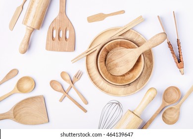 Overhead View Of Wood Utensils, Flat Lay Photography Of Wood Kitchenware