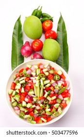 Overhead View-Delicious Summer Salad Salsa With Mango,avocado ,tomatoes And Herbs