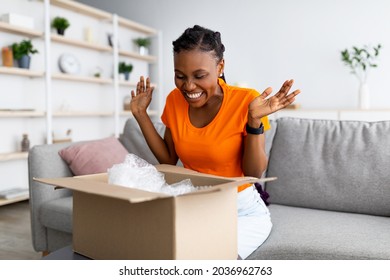 Overjoyed Afro woman unboxing carton parcel, emotional about successful shopping, satisfied with great purchase at home. Online store, reliable delivery service concept