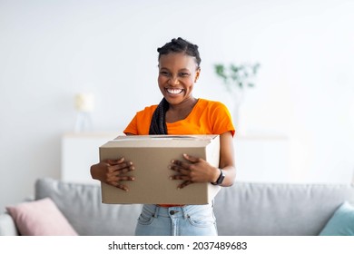Overjoyed black lady holding cardboard parcel, receiving desired delivery, getting her online order at home. Excited African American woman satisfied with her internet purchase