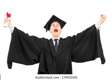 Overjoyed College Graduate Holding A Diploma And Gesturing Happiness Isolated On White Background