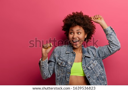 Similar – Image, Stock Photo Young woman arms raised enjoying the fresh air in green forest