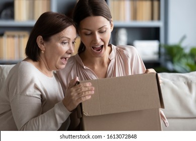 Overjoyed Millennial Girl And Middle-aged Mother Sit On Couch In Living Room Unpack Cardboard Box Internet Order, Excited Adult Daughter And Senior Mom Customers Open Parcel Shopping Online Together