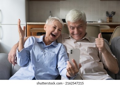 Overjoyed Senior Married Couple Hug On Sofa Hold Phone Celebrate Triumph Winning Internet Lottery Getting Great Money Prize. Excited Older Age Spouses Scream Receiving Bonus Discount At Online Store